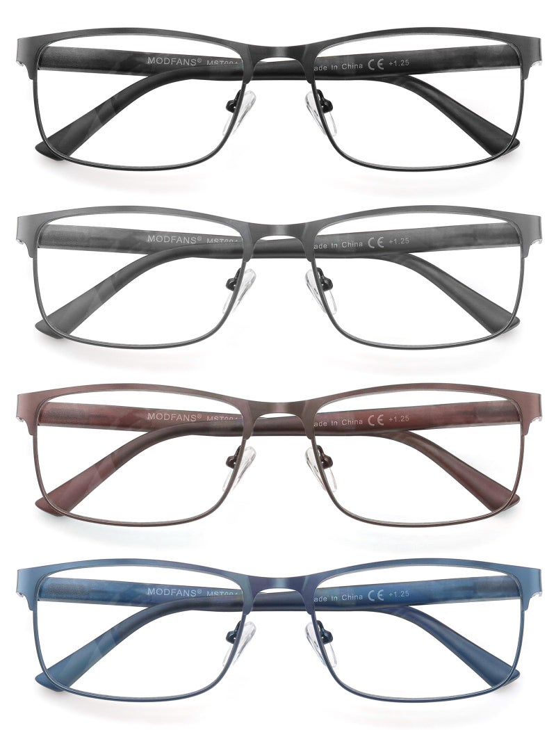 MODFANS 4 Pack Reading Glasses 1.75 Men Blue Light Blocking Metal Frame Rectangle Style Stainless Steel Material Readers Glasses Black Grey Blue Brown